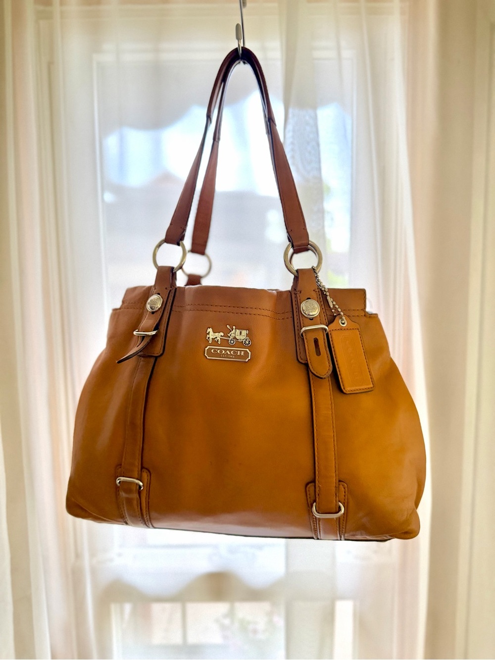 2010 Coach Madison Mia Soft Leather Tote Bag in a gorgeous camel brown color.